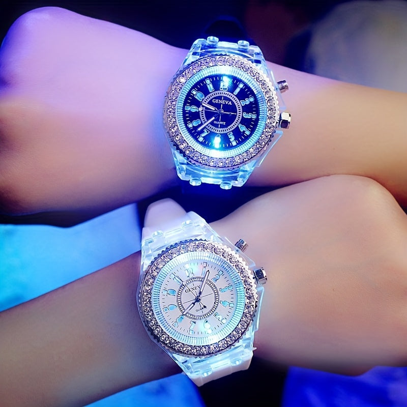 Glow-in-the-Dark Silicone Watch with Rhinestone Accents, LED Time Display for Men, Women, & Youngsters, Quartz Movement, Casual Fashion Accessory, Fun Nightwatch, Analog Display, Silicone