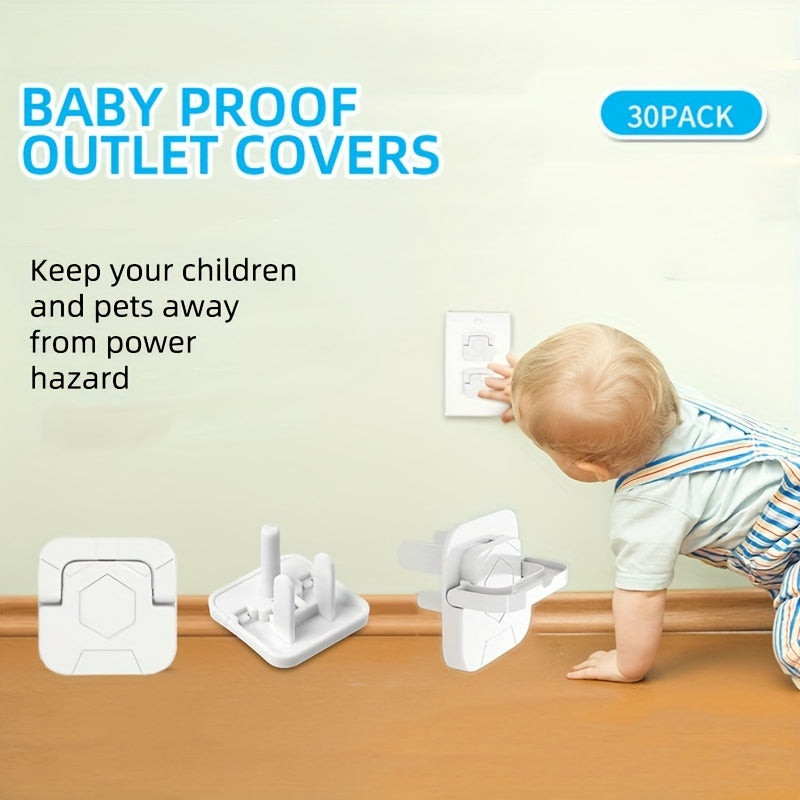 Baby proofing plug covers with hidden pull handle - set of 30. Features 3-prong child safety socket covers to protect electrical outlets and keep kids safe. Outlet protectors with kid-proof cap design.