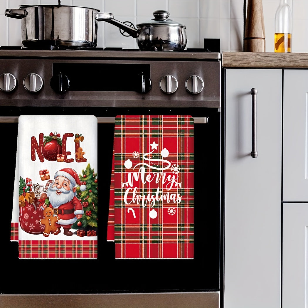 Set of 2 Christmas kitchen towels with Santa and gingerbread design. Made of quick-dry microfiber, featuring red plaid Merry Christmas pattern. Perfect for cooking, baking, and housewarming gifts. Size: 69.85x44.96 cm.