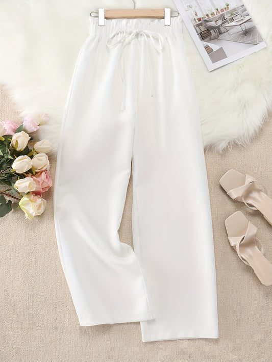 Solid color wide leg pants for women made of 97% polyester and 3% elastane with drawstring waist and woven fabric. 180g/m². From the spring/summer collection.