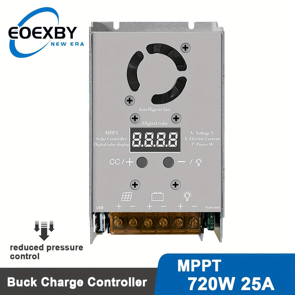 EOEXBY 720W MPPT Solar Controller & Charge Regulator with Real-Time Tracking, 25A, Adjustable Solar Panel Optimizer for 12V/24V Batteries, Hardwired Power Supply, Battery Not Included