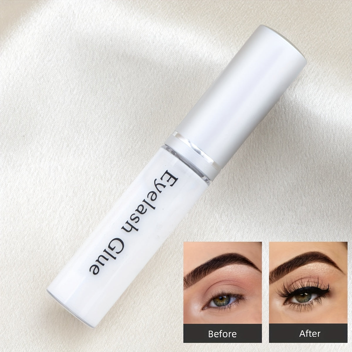 Unscented waterproof eyelash glue for strong hold, compatible with plastic false lashes, long-lasting formula up to 24 hours, sweatproof in ≤100ml bottle.