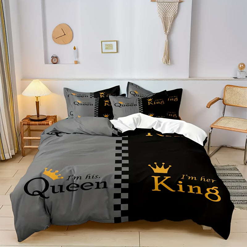 King & Queen Crown 3pcs Duvet Cover Set - Soft Breathable Polyester, Zipper Closure - Includes 1 Duvet Cover & 2 Pillowcases, Machine Washable, Digital Print