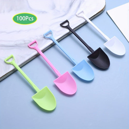 Colorful Disposable Spatula-Shaped Spoons - 100 Count, Made of Durable PP Plastic - Ideal for Ice Cream, Cake, Cheese & Desserts - Comes in Assorted Colors (Pink, Blue, Black, Green, White) - Perfect for Parties & Events, Ice Cream Party Supplies