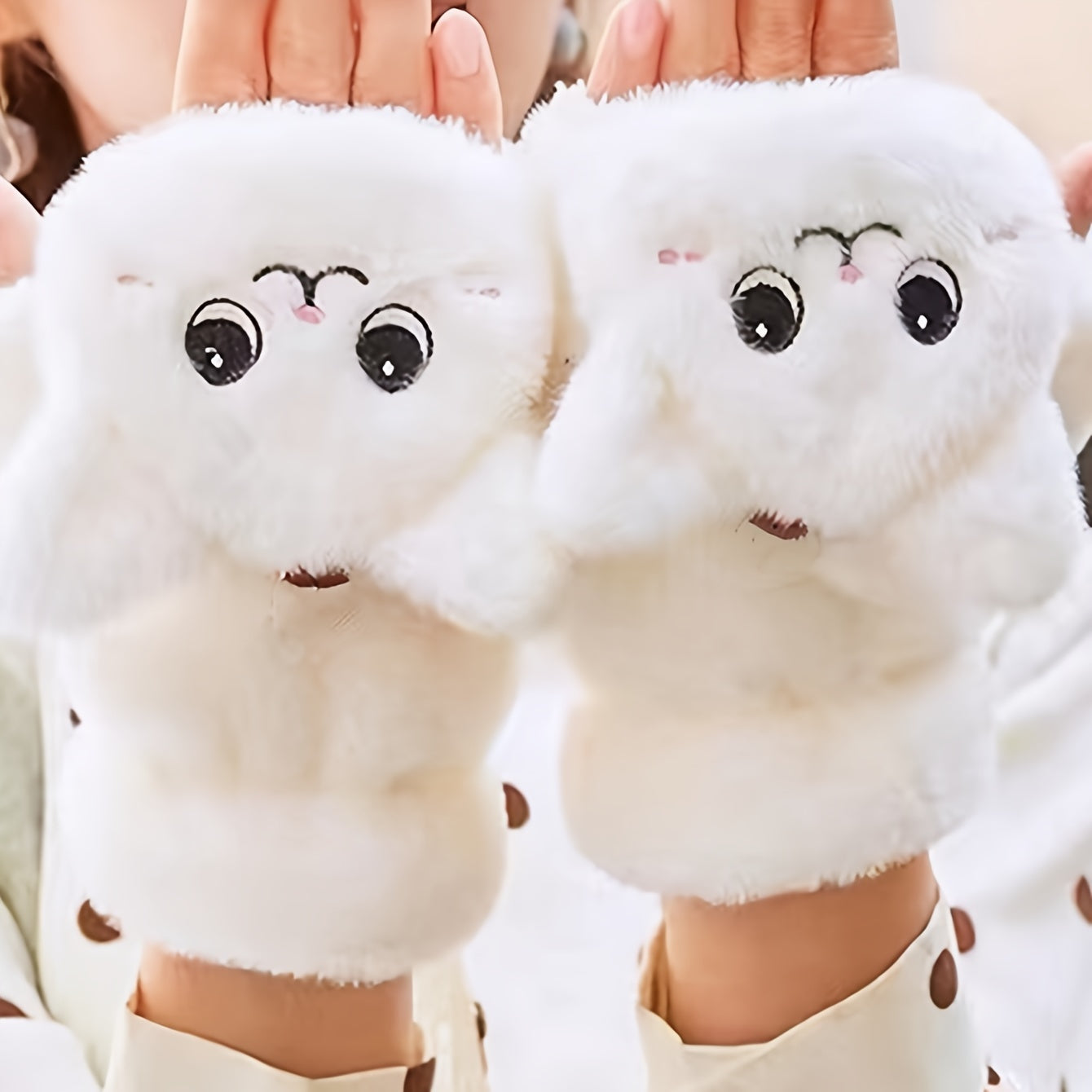 One pair of adorable animal cartoon-themed women's polyester winter mittens with flip tops. These thick, plush fingerless mitts provide warmth and decoration, perfect for casual weekend use. The embroidered design adds a touch of charm to this