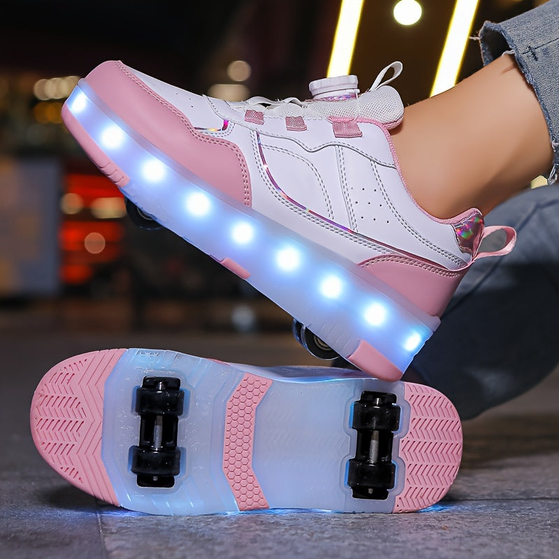 Children's LED Roller Shoes with Retractable Wheels, Trendy Sports Sneakers with Adjustable Brightness, Rotary Buckle Closure, PU upper, TPR sole, and Lithium Polymer Battery.