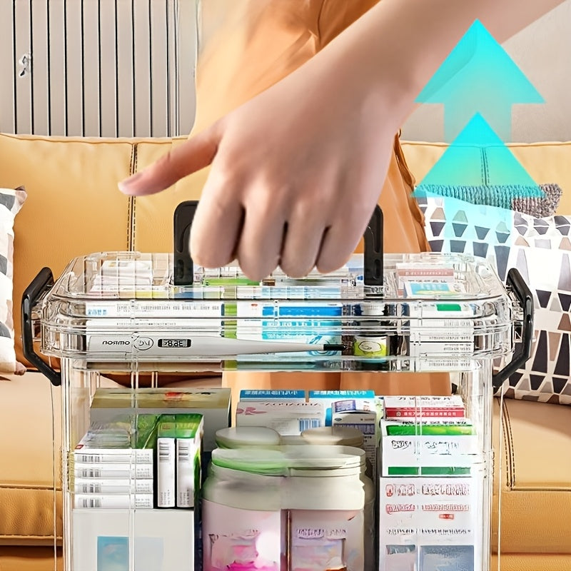 Large double-layer medicine organizer with transparent, waterproof storage for home and travel.