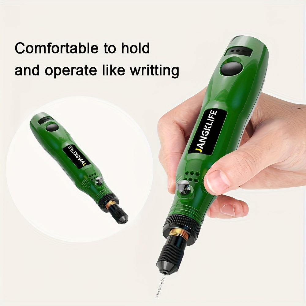 Portable rechargeable rotary tool with 102pcs, battery included. Adjustable speed for carving, sanding, polishing, and etching on wood.