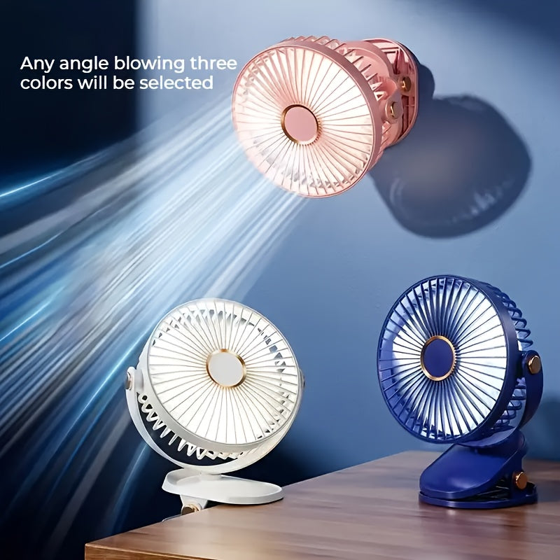 Portable USB Rechargeable Desk Fan with Nightlight - 1 Piece, 5 Speeds, 720° Rotation, Clip-On Design, Quiet Operation, Easy to Clean, Suitable for Indoor and Outdoor Use, Made of Durable Plastic, Includes Push Button Control and Built-in Lithium Battery.