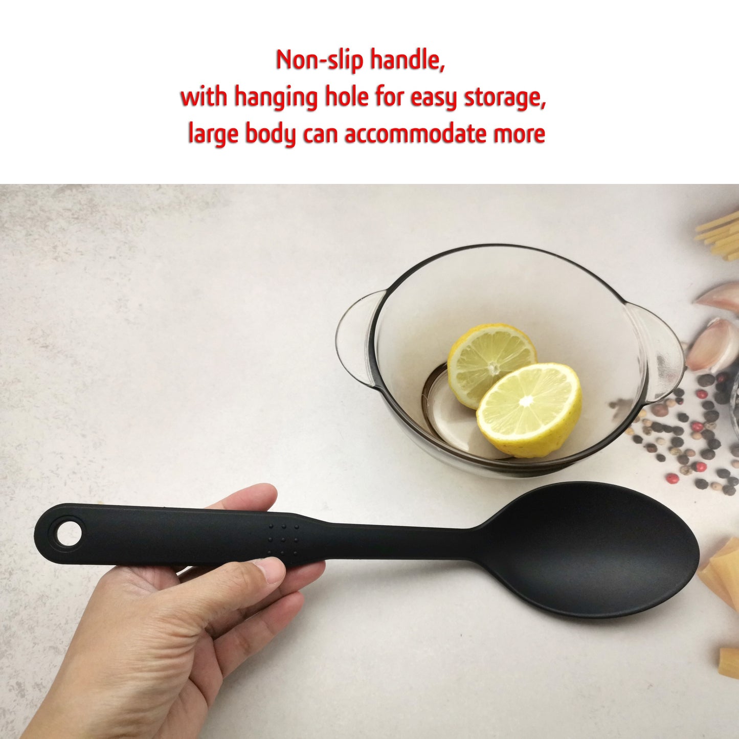 1 Large Nylon Serving Spoon with Non-Slip Handle and Hanging Hole for Easy Storage, Ideal Kitchen Utensil.