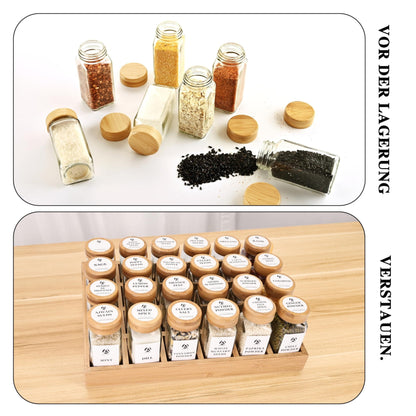 The spice rack includes either 12 or 24 jars with bamboo lids, as well as a bamboo drawer organizer complete with attached waterproof adhesive labels specifically designed for English herbs, spices, and condiments for convenient and easy access.