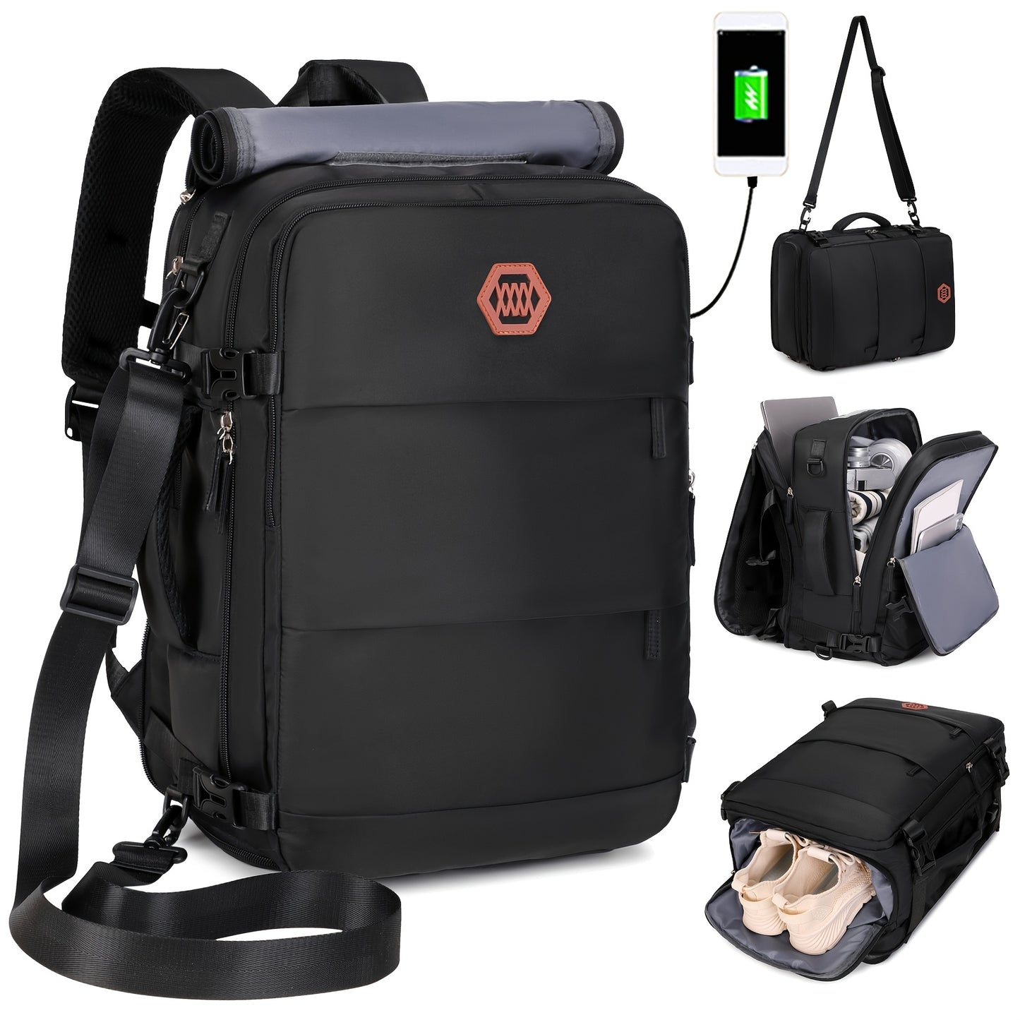 Flight-approved men's backpack with shoe compartment, fits 15.6" laptops, perfect for university, business trips, can be worn over one shoulder or diagonally.