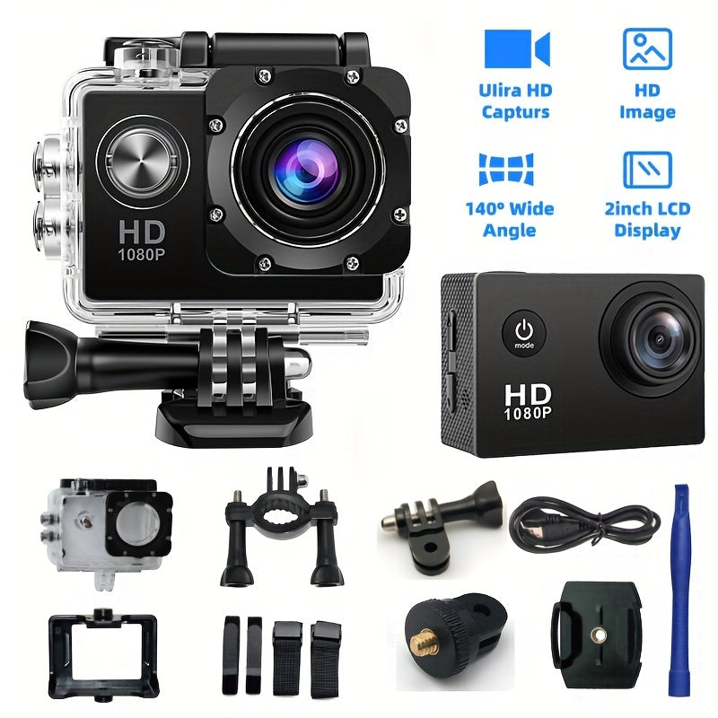 1080P HD action camera with ultra HD recording, 140° wide-angle lens, 5.08cm LCD screen, ideal for outdoor sports. Features automatic exposure, digital stabilization, fisheye lens, and can