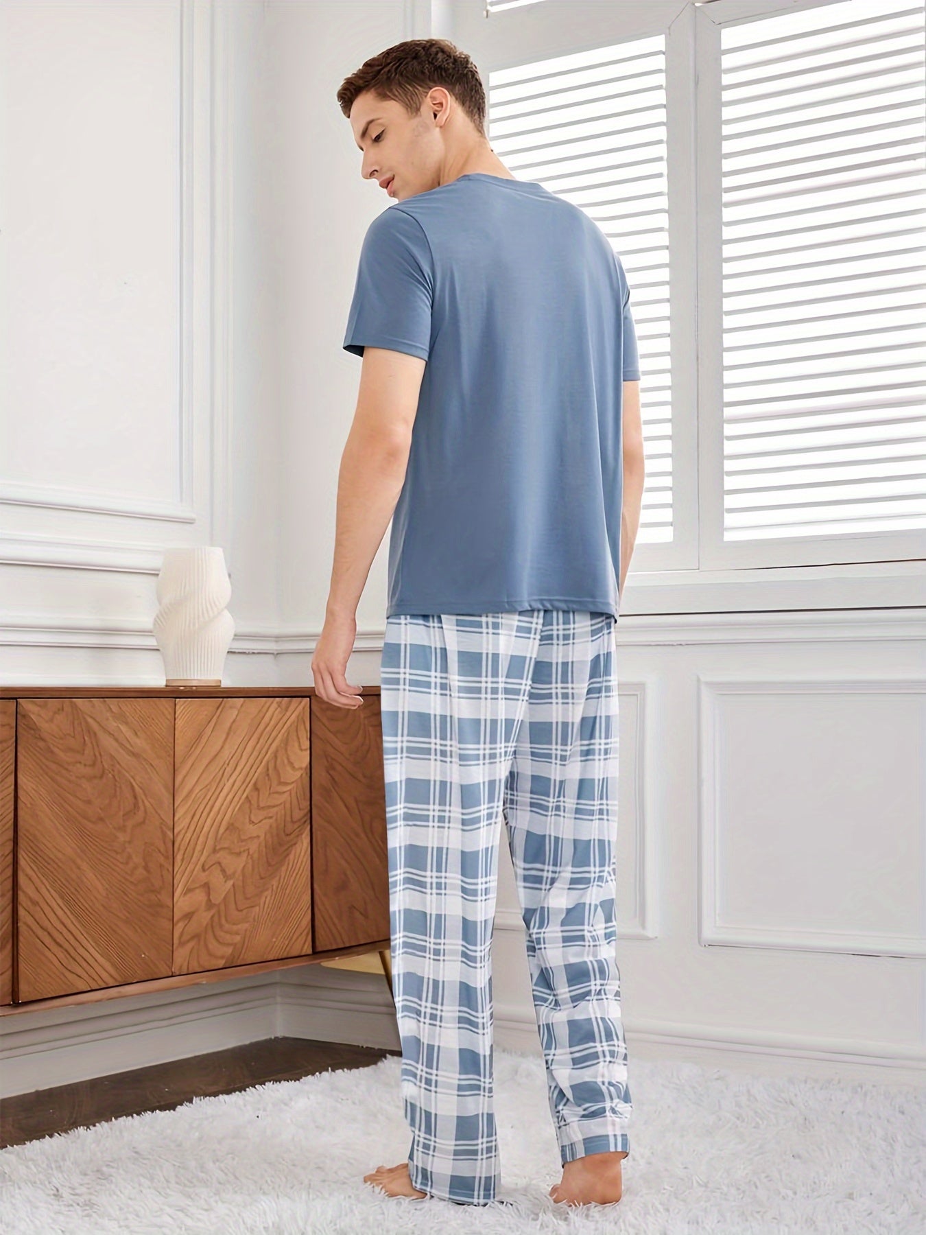 Men's Blue Short Sleeve Pajama Set with Pocket, Casual Round Neck, Stretch Knit, Plaid Pattern, All-Season, Home Wear, Polyester Fabric, Regular Fit, Pullover Shirt