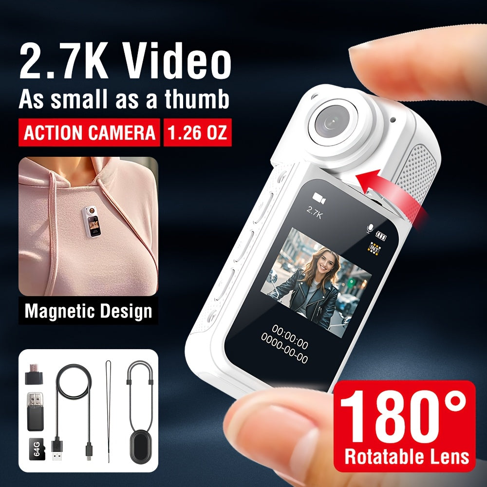 2K Thumb Action Camera, lightweight POV camera with magnetic lanyard, portable body camera with IPS screen, 180° rotating lens, wearable pocket camera for vlog with 64G card.