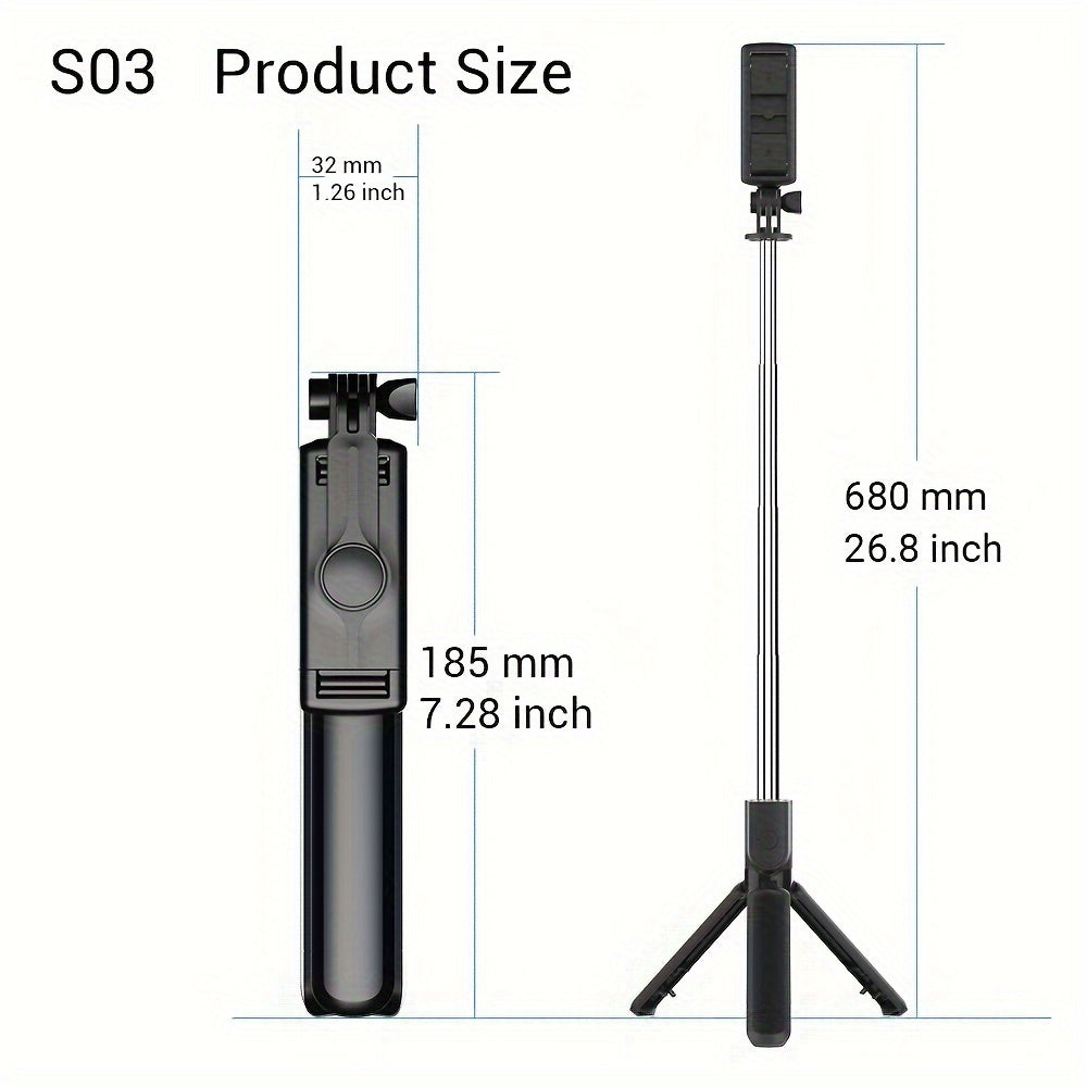 Telescoping selfie stick with tripod and remote for iPhone, Samsung, and Android smartphones, 360° rotation.