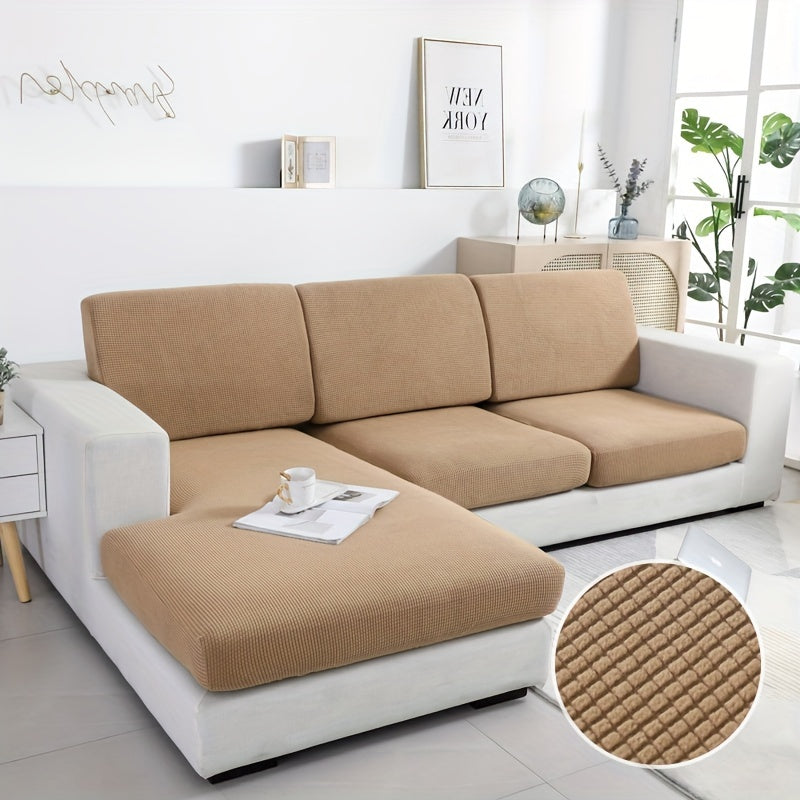 Modern Stretch Sofa Cushion Cover made of machine washable polyester and spandex fabric. Features elastic seat slipcover with no print design, dustproof protection, and elastic band closure.