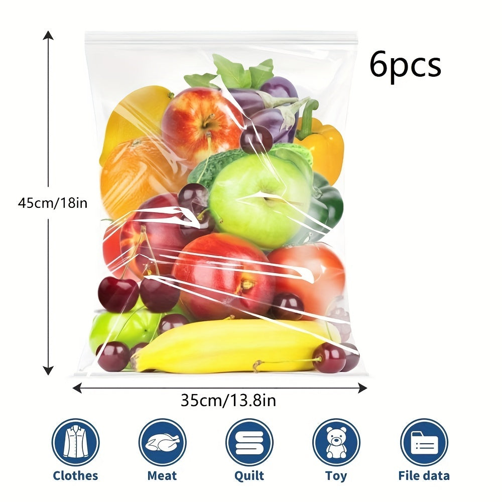 Get a pack of 6 large plastic zipper storage bags, each measuring 18.93 L and 45.72X60.96 cm. These clear reclosable bags are extra-thick and sealable, perfect for storage, food prep, moving, and more. BPA-free and reusable, these bags are great for