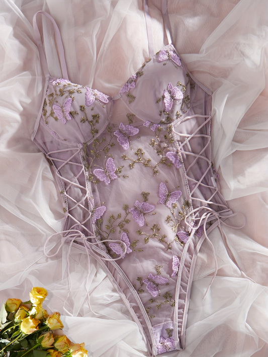 Sensual lace teddy with butterfly embroidery, lace-up plunging back, women's lingerie.