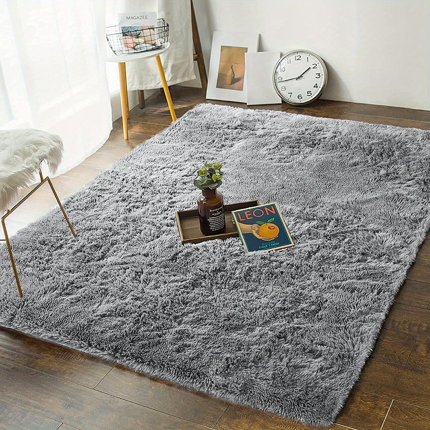 One piece of green fluffy shag rug for the bedroom, living room, nursery, or any room. This rectangle fuzzy plush rug is a cute addition to any room decor.