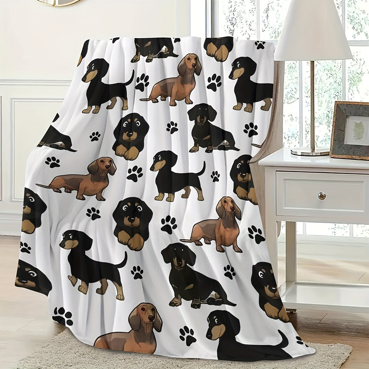 Soft and cozy all-season throw blanket with rustic dachshund dog pattern. Made from machine washable flannel fabric. Features a digital print design on 200-250g polyester material. Can be used for multiple purposes including a cozy nap blanket in your