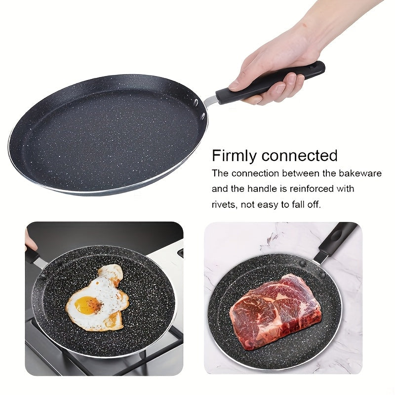 Stainless steel crepe pan with wooden spatula, non-stick granite coating, 26.67 cm, lightweight, rust resistant, induction compatible.