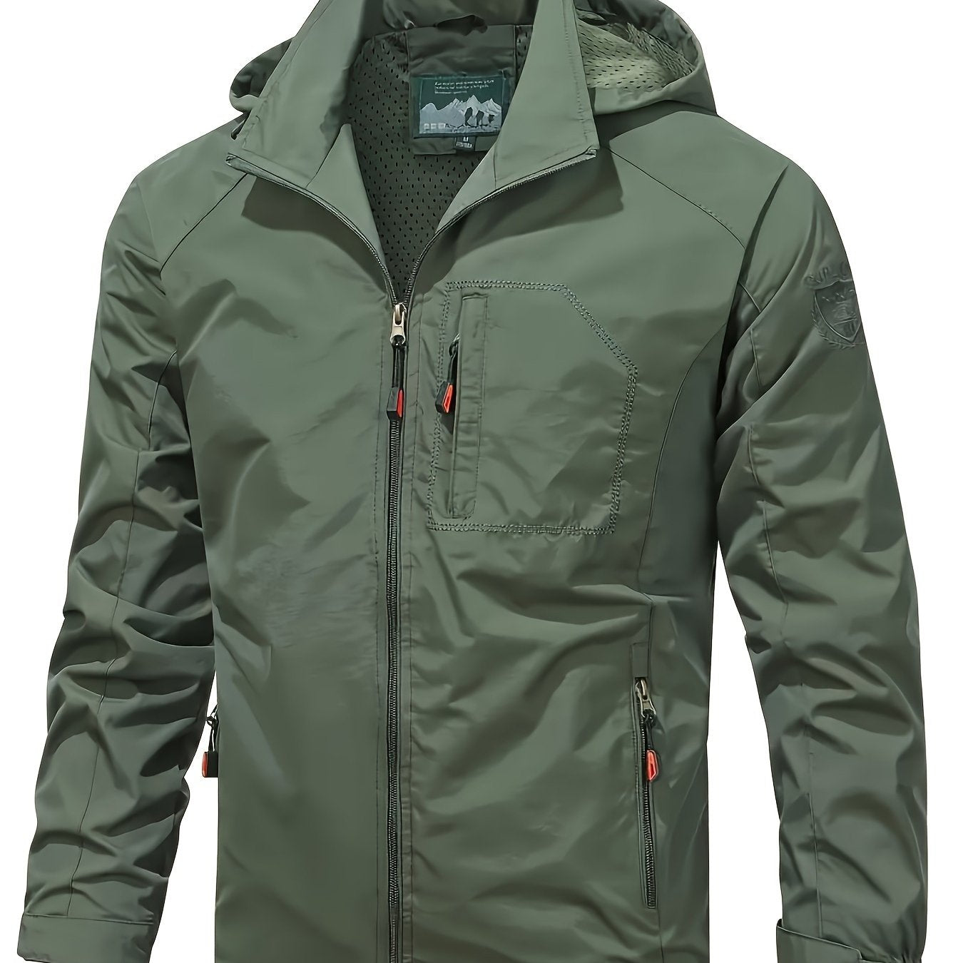 Hooded softshell jacket with multiple pockets, ideal for hiking and camping.