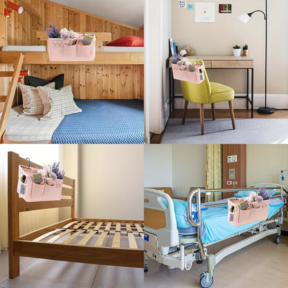 Essential bedside storage items including racks, bags, and hanging organizers for double beds and hospital beds. Ideal for dormitories and universities to hold glasses, books, phones, and keys.