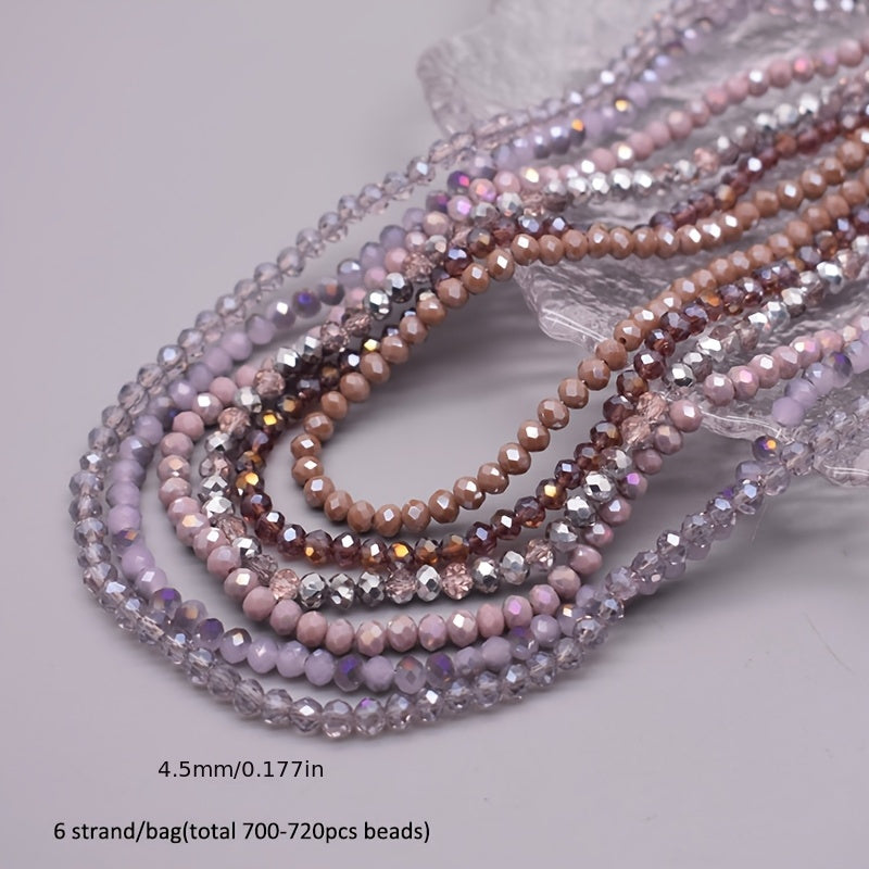 720 pieces of faceted glass rondelle beads measuring 4mm each, sold in a convenient bag. Perfect for crafting jewelry, DIY projects, and adding embellishments to clothing items such as necklaces, bracelets, and more.