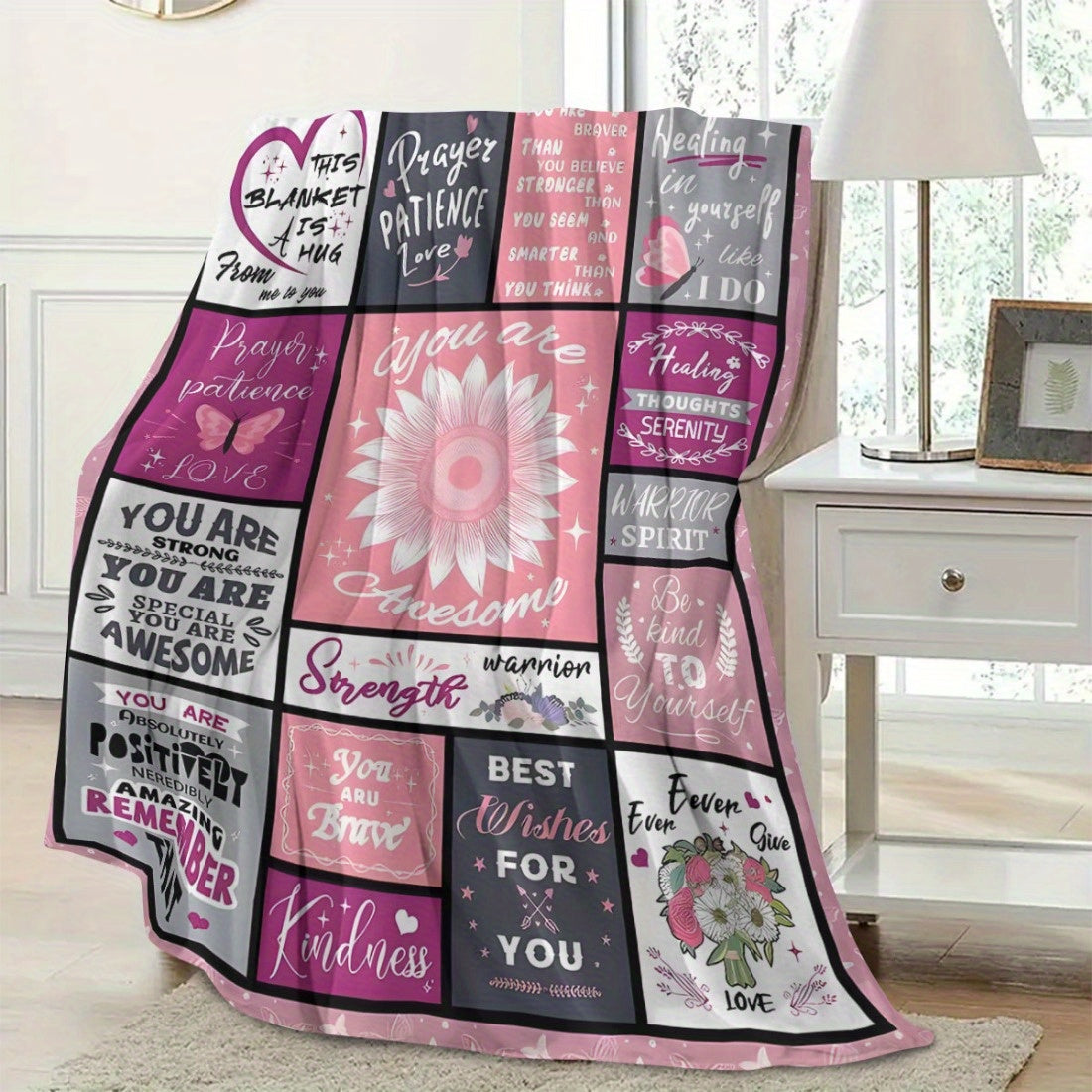 Soft and cozy flannel fleece throw blanket designed specially for women, perfect for post-surgery cancer care. Features an inspirational positive message and a soft comfortable digital print. Made of all-season knitted polyester in a contemporary style