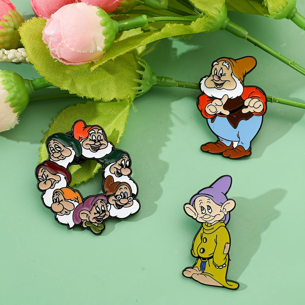 Three Disney Seven Dwarfs Enamel Pins featuring adorable cartoon characters, made from Zinc Alloy. These metal badges are perfect for adding a touch of whimsy to clothing and backpacks. They make an ideal Christmas gift or party accessory, suitable for