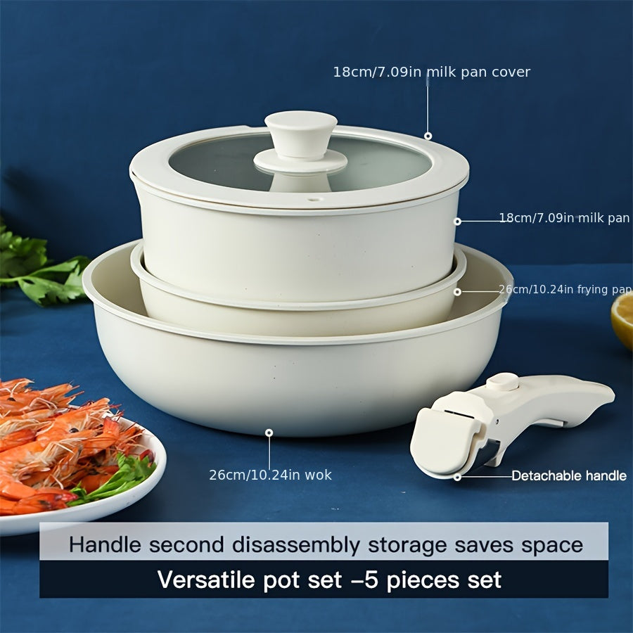 Cook delicious meals with this versatile Aluminum Non-Stick Cookware Set. The Multi-Purpose Detachable Handle Pot and Pan Set features a ceramic coating, perfect for sauteing, braising, and steaming. Designed for use on induction cooktops, this set is a