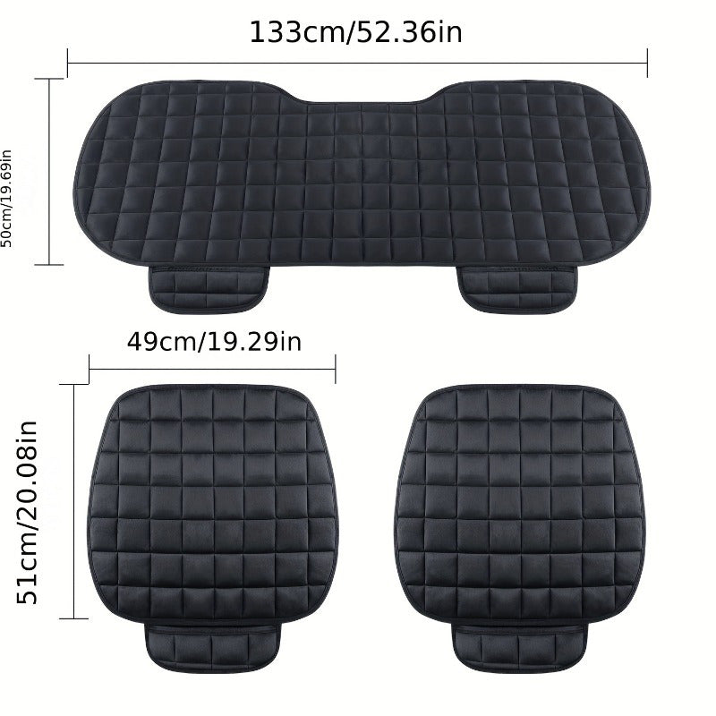 Set of three plush car seat covers with square and oval patterns, hand washable, lightweight, durable, and universal fit. Not dry cleanable.