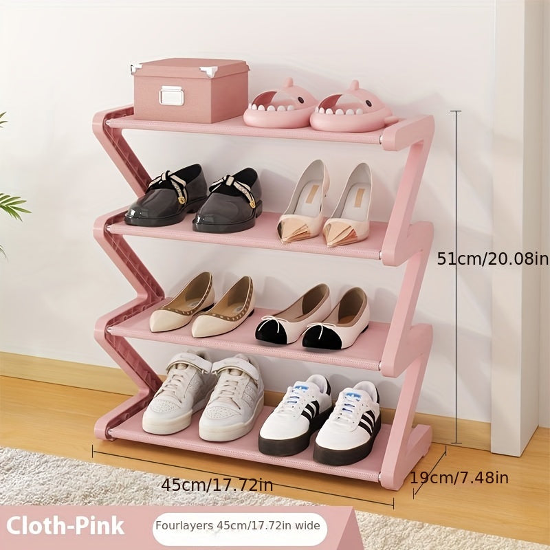 Z-Shaped shoe rack with 4 tiers, plastic, easy assembly, stackable for home or dorm room.