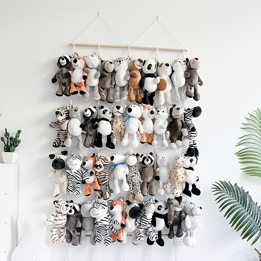 Handmade Bohemian plush toy storage rack with 26/40pcs capacity. Ideal for living rooms, bedrooms, and behind doors. Perfect holiday gift. Includes 2 hooks and clips.