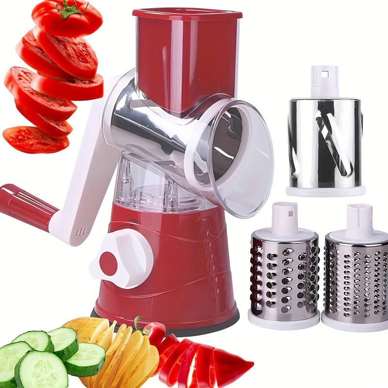 3-in-1 manual food grater set with 3 replaceable blades for cheese, vegetables, and fruit. Large tabletop drum for easy slicing. Rotary grater for easy cleaning and grinding of fruits