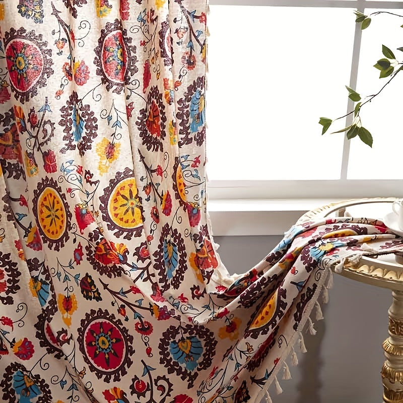 Boho Floral Semi-Blackout Curtain for Living Room, 100% Polyester Rod Pocket Drapes - Hand Washable, Water-Resistant, Decorative Door Panel with Tassel Detail and Sunflower Design - All-Season Unlined Fabric, 220-240gsm, Bohemian Style