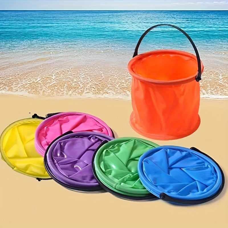 1 collapsible bucket with handle, suitable for beach, travel, outdoor activities. Comes in random colors: blue, purple, orange, green.