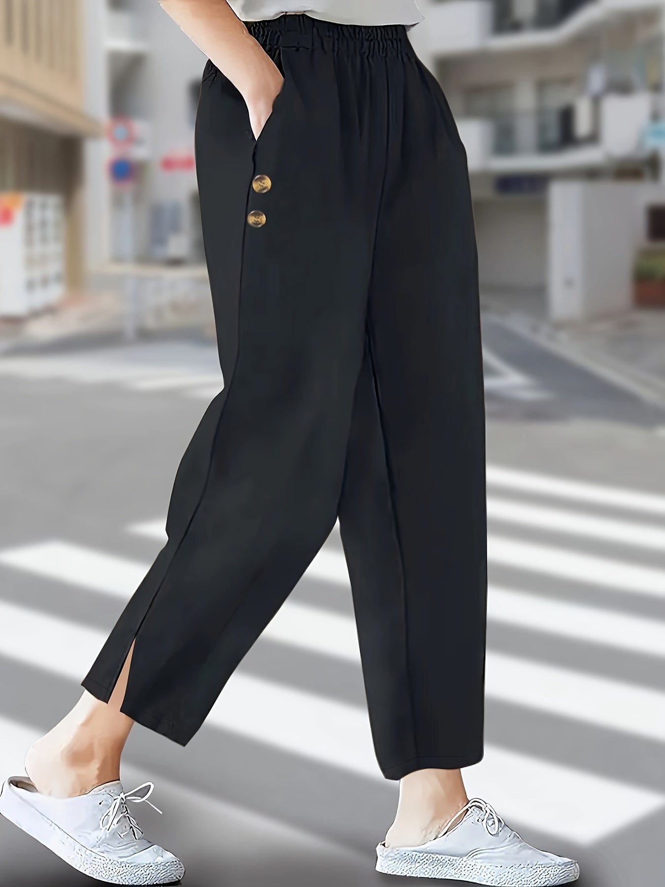 1pc Elegant Solid Color High-Waisted Wide Leg Pants for Women, Non-Stretch Woven Fabric with Side Button Detail and Front Slit, Fall Fashion