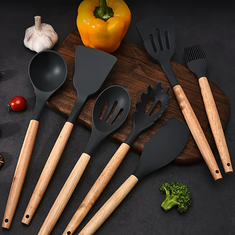 Silicone Cooking Utensil Set with Wooden Handles - Includes Spatula, Whisk, Spoon, Knife - Non-Stick and Heat Resistant - Dishwasher Safe - Perfect for Home and Restaurant Cooking