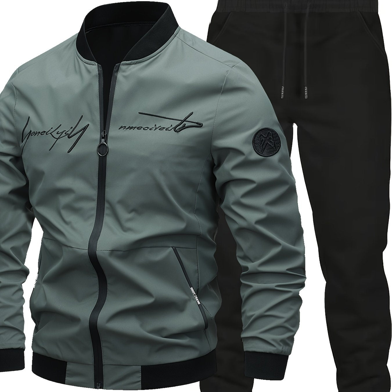 Men's Classic Bomber Jacket & Jogging Pants Set in sleek black with letter embroidery. Made of durable polyester with elastic cuffs and waistband. Ideal for outdoor activities and casual