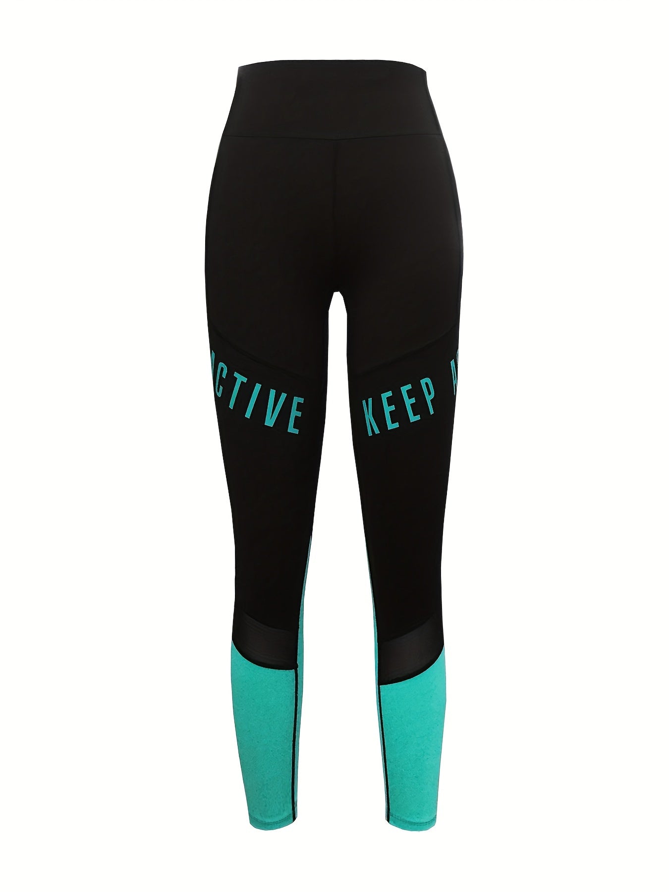 High waisted yoga leggings with pockets and color-block letter print for women's casual sports wear.