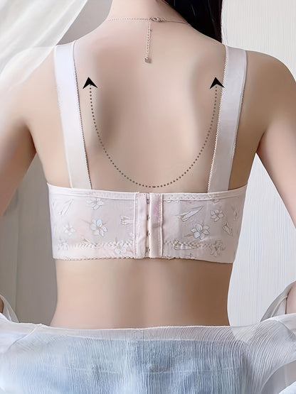 Set of 3 elegant floral applique wireless bras with high support push-up design and comfortable breathable fabric for adults.