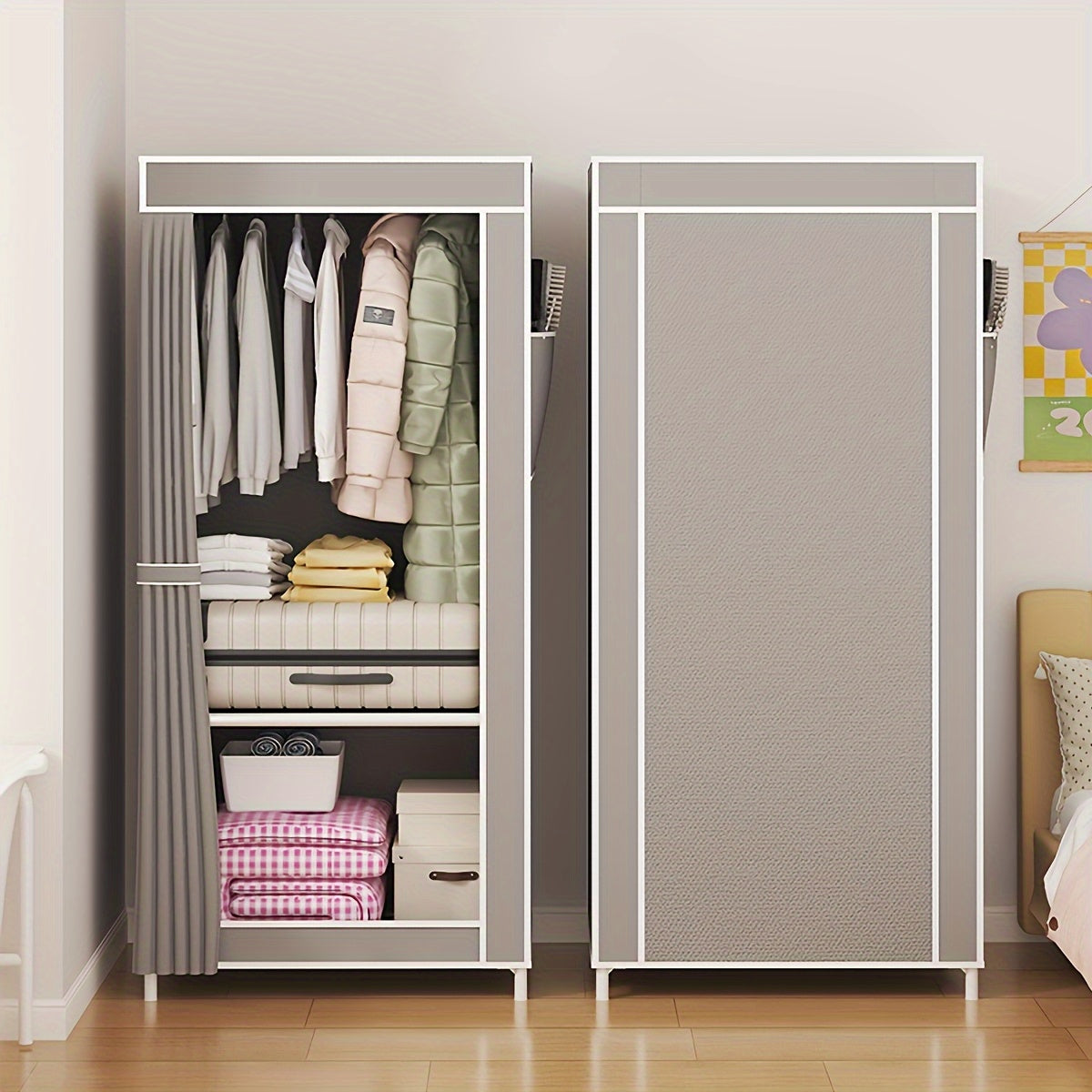 Compact metal wardrobe with over 3.2 cu. ft. capacity for easy assembly and space-saving storage in bedroom, home, or dorm.