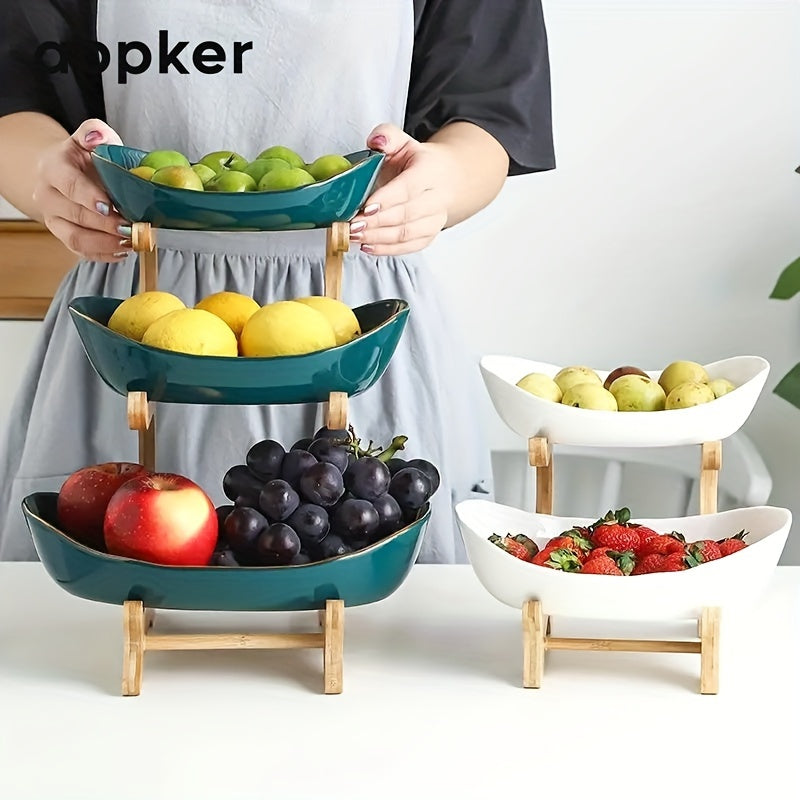 Plastic serving tray set for fruit, snacks, candy, and cake in 2-tier and 3-tier options for home, restaurant, and hotel use.