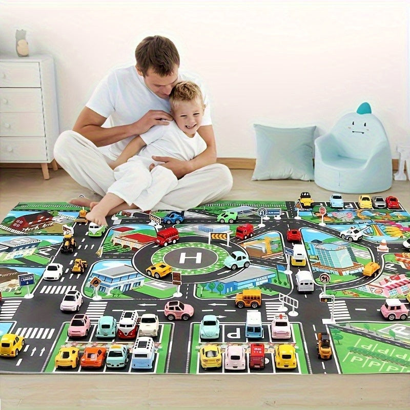 Large city traffic play mat for kids made of waterproof non-woven fabric with colorful road signs and vehicles. An educational and fun green transportation game for modern room decor.