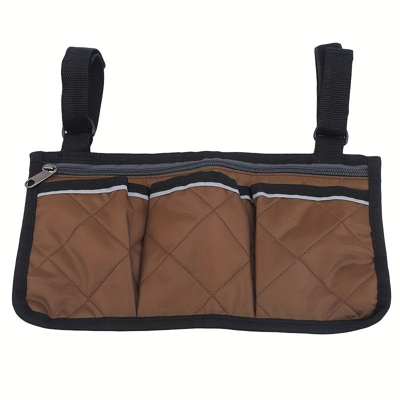 Portable hanging bag for stroller with reflective strip and multiple pockets, featuring armrest attachment and foldable design.