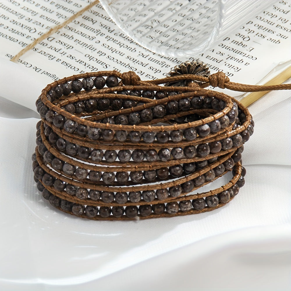 Women's Bracelet with a Bohemian Style, Waxed Cord Braid and Adjustable 5 Rows Wrap