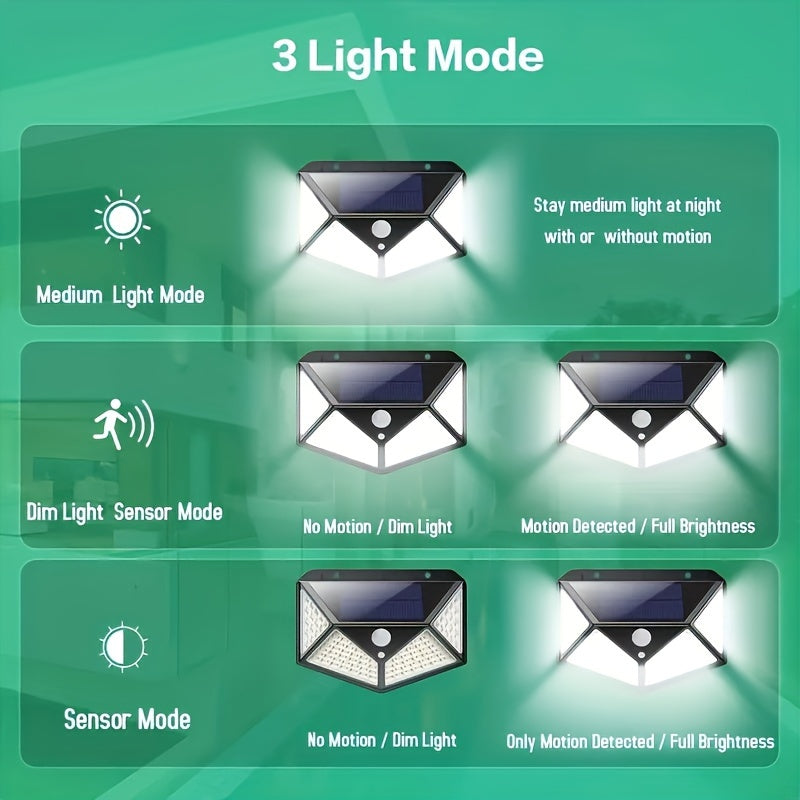 6 pieces of outdoor solar wall lights with 100 LED bulbs, featuring human body sensing technology for garden lighting.