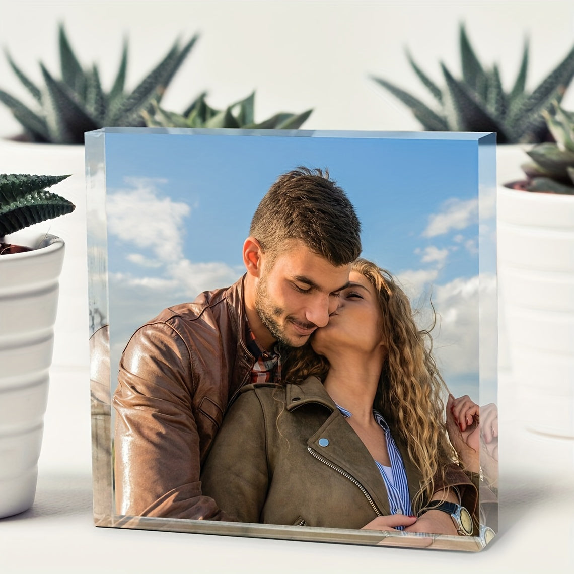 Personalized acrylic photo block for couples featuring a love story picture display. Perfect anniversary or romantic gift. Suitable for ages 14 and up. One piece included.